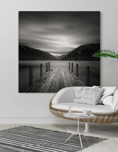 Beautiful canvas wall art of Lake Rotoiti in black and white in living room