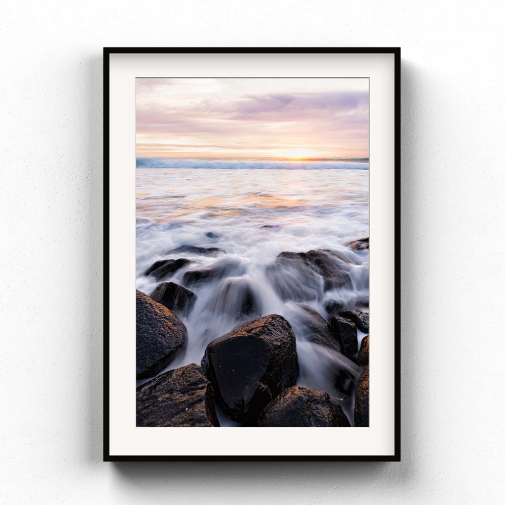 Framed Art Print of a sunrise seascape at Boulder Beach, NSW