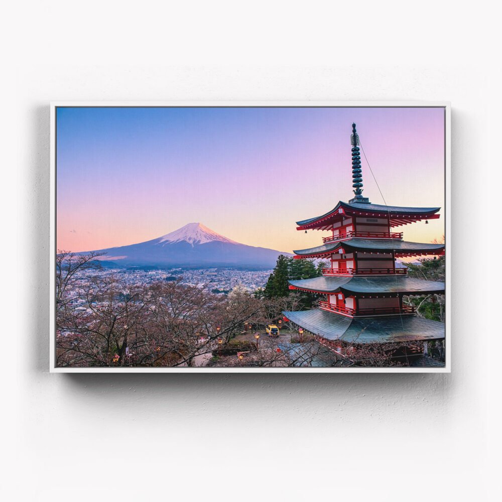 Floating Frame Canvas print of sunset over Mt Fuji from Chureito Pagoda