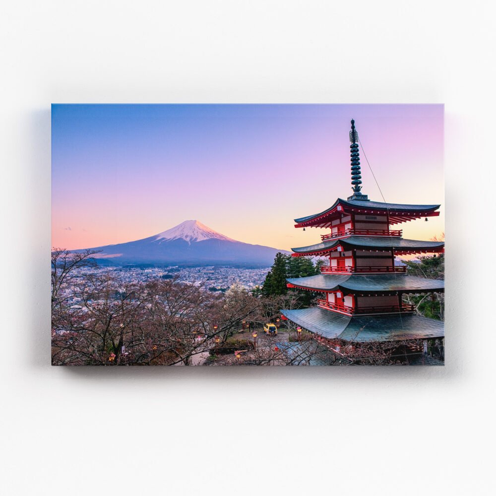 Canvas print of sunset over Mt Fuji from Chureito Pagoda