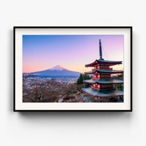 Framed Art Print of sunset over Mt Fuji from Chureito Pagoda