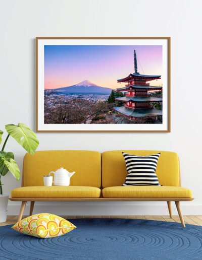 Beautiful wall art of sunset over Mt Fuji from Chureito Pagoda